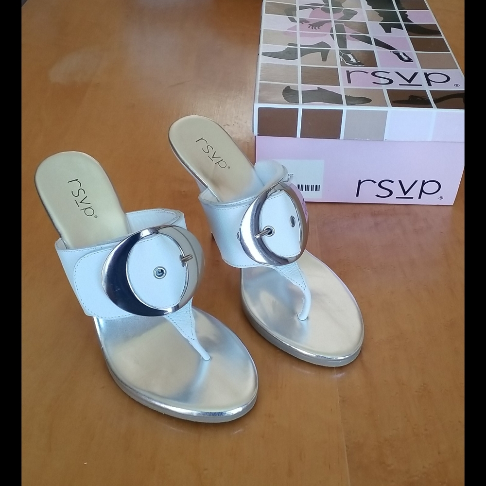 RSVP White leather heels with chrome buckle